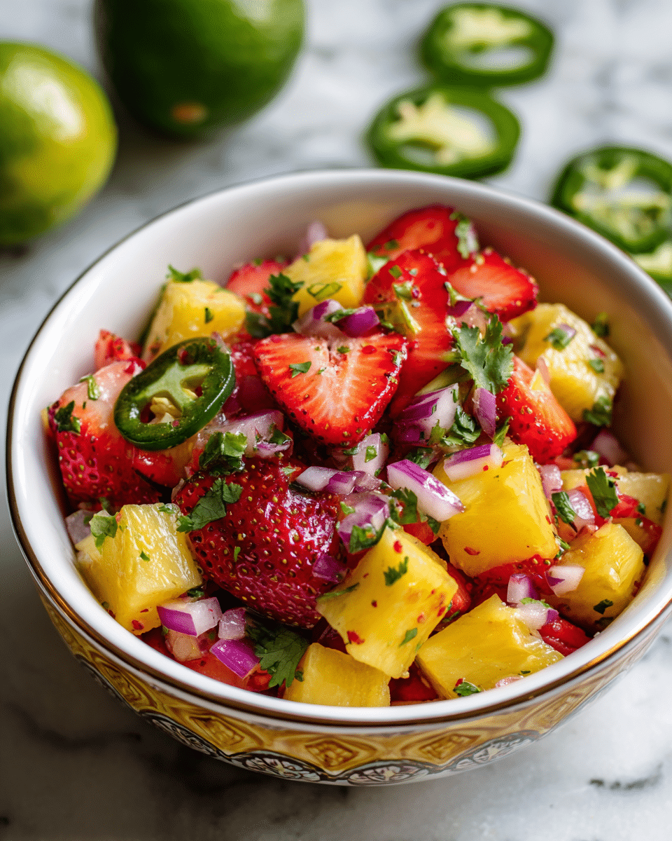 A round white bowl filled with a colorful fruit salsa piled high in three visible layers; the bottom layer consists of small bright yellow pineapple chunks, the middle layer has many bright red strawberry slices showing their inner white flesh, and the top layer has small bits of purple onion, green cilantro leaves, and green slices of jalapeño peppers scattered throughout. The bowl is placed on a white marbled surface with two halved limes blurred in the background. Photo taken with an iphone --ar 4:5 --v 7