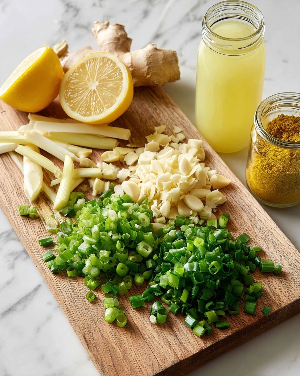 The image shows a wooden cutting board on a white marbled surface. On the board, there are three small piles of chopped green onions at the bottom edge, each pile a bright green with fresh leaf and stalk parts. Above them, there are small pieces of peeled garlic, creamy white with a smooth texture. To the left of the garlic are peeled and trimmed sticks of ginger, pale yellow with a fibrous surface. At the top left corner of the board, there are two halves of a lemon with a bright yellow rind and juicy interior. Behind the cutting board, on the white marbled surface, are a jar of yellow spice and a bottle of yellow chicken bone broth. The colors are fresh and natural, with the wood and white marble creating a clean look. Photo taken with an iphone --ar 4:5 --v 7