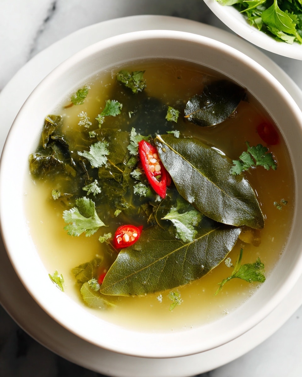 A white bowl filled with clear broth soup sits on a white marbled surface. Inside the soup, green basil leaves float on top, along with whole red chili pieces scattered throughout. The broth has small pieces of light-colored chicken and some translucent slices of garlic or onion visible under the herbs. Fresh cilantro leaves also float inside the soup, adding more green color. The bowl’s rim is simple, and the soup looks fresh and light. Photo taken with an iphone --ar 4:5 --v 7