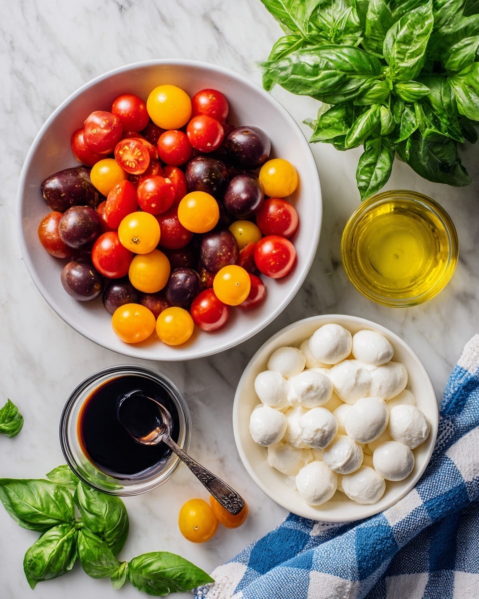 The image shows a white bowl full of red and yellow cherry tomatoes, with some dark purple ones mixed in, placed on a white marbled surface. Nearby, there is a white bowl filled with small round white mozzarella balls. Fresh green basil leaves are scattered around the bowls, adding a bright green color to the scene. A small glass container of golden olive oil and a small glass bowl of dark balsamic vinegar with a spoon inside sit close by. A blue and white checkered cloth is placed near the bottom right corner, completing the fresh and colorful setup. Photo taken with an iphone --ar 4:5 --v 7