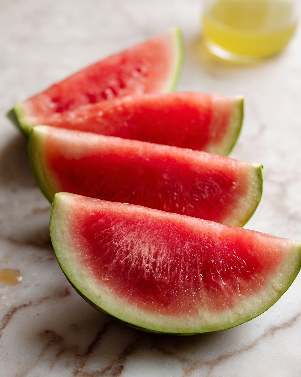 The image shows a white tray on the top right filled with five triangular watermelon slices, each with bright red flesh and green rind. To the left, there is a red bell pepper and a dark green avocado placed on a white marbled surface. Below these, there is a bowl with chopped purple onions. Three ears of yellow corn with white kernels are wrapped partly in a white and blue striped cloth. A green bottle of Tabasco sauce stands next to a small white bowl filled with crumbly white cheese. A single small white garlic clove lies near the bowl. At the top left, there is a kitchen knife with a wooden handle resting on the white marbled surface. Photo taken with an iphone --ar 4:5 --v 7