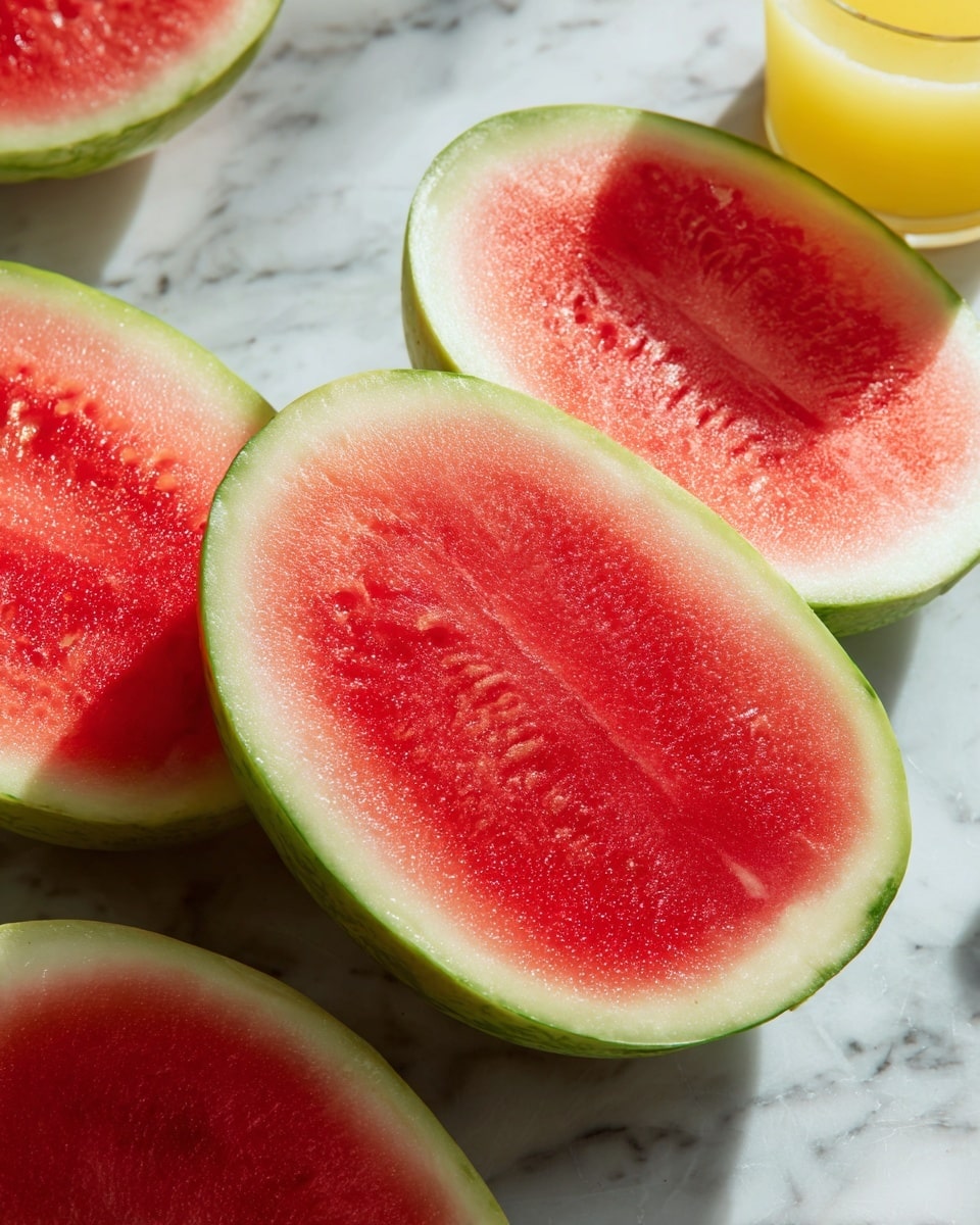 The image shows four watermelon halves placed in a row on a white marbled surface. Each watermelon half has a bright red, juicy inside and a thin light green rind with a white inner border separating the red flesh from the rind. The texture of the watermelon flesh looks smooth with a few small seeds visible. The background features a small part of a glass with a yellow drink in the upper right corner. The lighting is soft and natural, highlighting the freshness of the watermelons. photo taken with an iphone --ar 4:5 --v 7