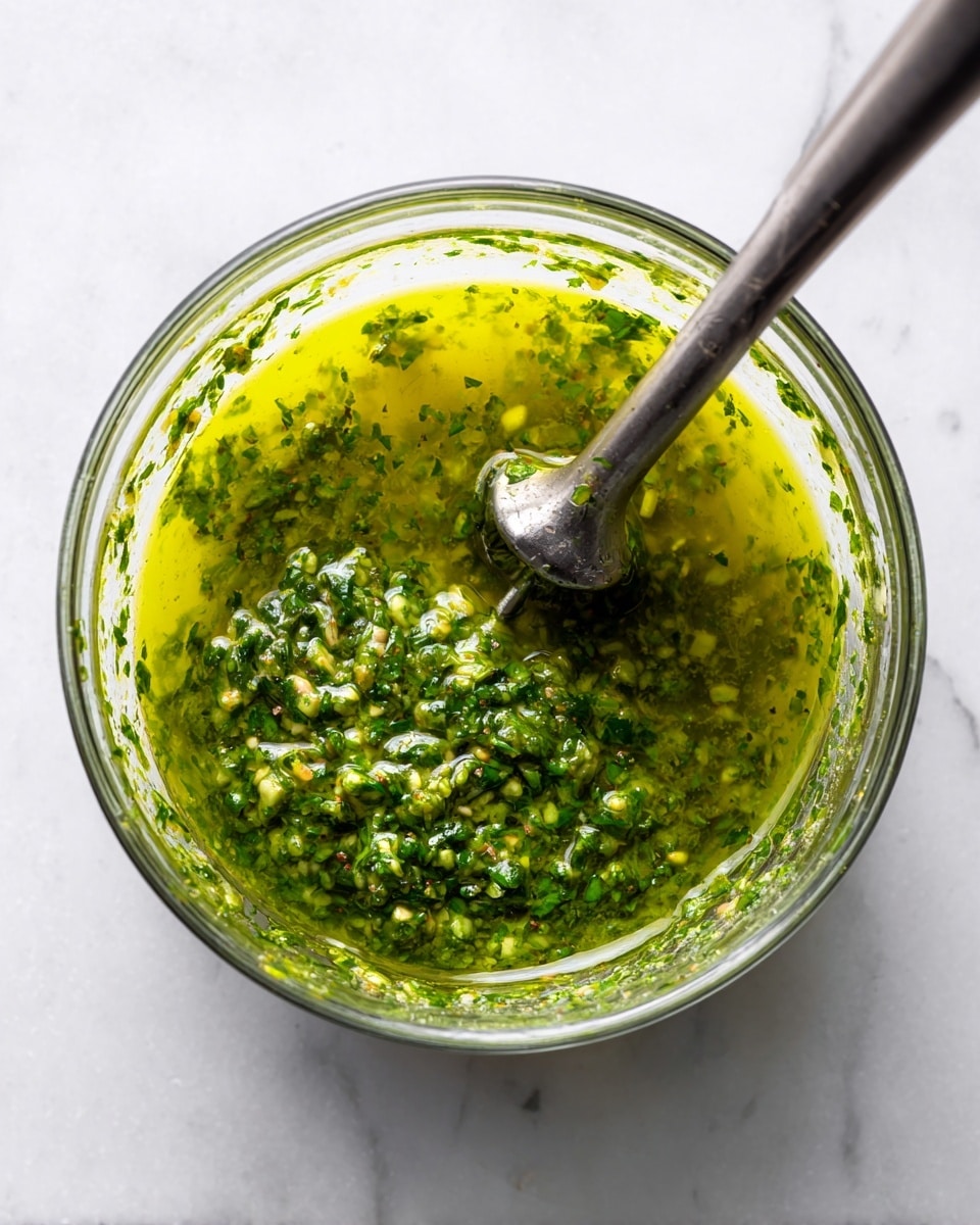 A clear glass bowl sits on a white marbled surface, filled about halfway with a chunky bright green sauce that has a slightly wet texture with visible small bits of herbs and nuts. A metal immersion blender with a round, open blade is partially submerged in the sauce, blending the ingredients. The sauce shows different shades of green, ranging from darker leafy greens to lighter olive tones. Some splashes of the sauce are smeared lightly inside the bowl near the top edge. Photo taken with an iphone --ar 4:5 --v 7