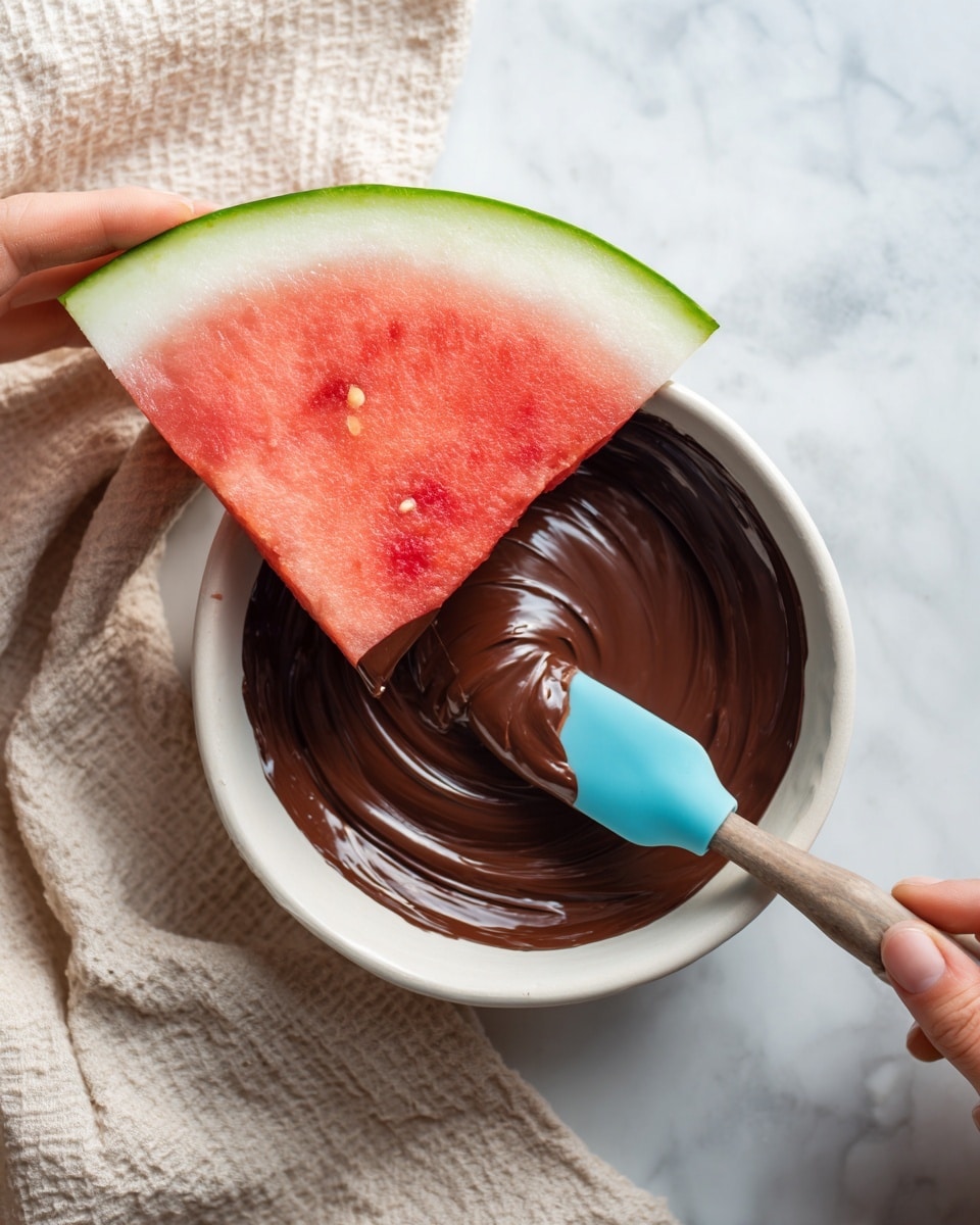 A thick slice of watermelon with green rind, white inner rind, and red juicy flesh is being held by a woman's hand above a bowl filled with smooth, dark brown chocolate. A bright blue silicone spatula is partially dipped in the chocolate beside the watermelon slice. The bowl is white and rests on a white marbled surface with a light beige textured cloth nearby. The light reflects softly on the shiny chocolate, giving a rich and creamy appearance photo taken with an iphone --ar 4:5 --v 7