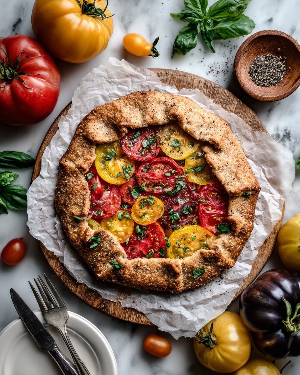 The image shows a rustic galette placed on parchment paper on a wooden board. The galette has a golden, flaky crust folded over the edges with three slices cut out. Inside, there are colorful, thick tomato slices in red, yellow, and orange shades, topped with fresh green basil leaves scattered on top. Around the board are whole fresh tomatoes in red and yellow hues, a small dish with ground pepper, and a white plate with a fork and a wooden-handled knife resting on a white and green-striped cloth. The background is a white marbled surface. Photo taken with an iphone --ar 4:5 --v 7