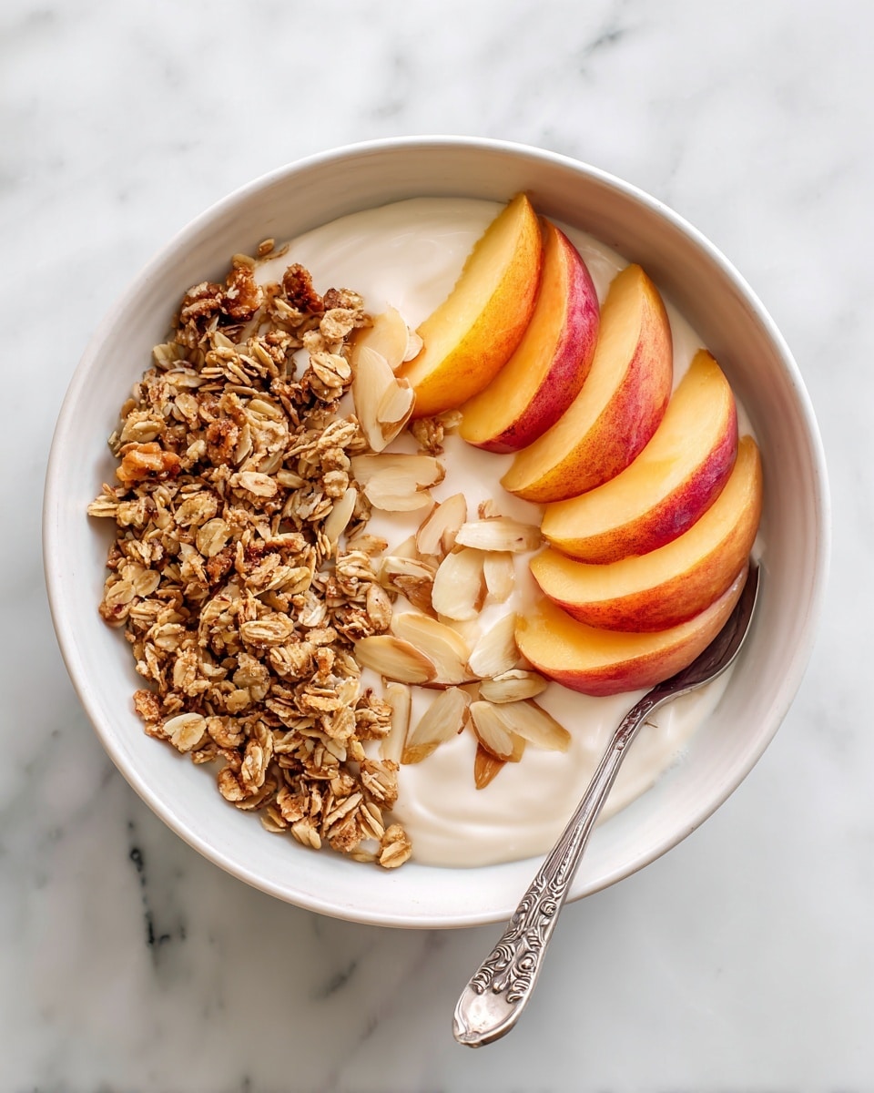 A white bowl filled with creamy yogurt as the base layer, topped with a curved line of golden brown granola on one side, bright orange and red peach slices neatly layered in the middle, and a small pile of light beige almond slices on the other side. A silver spoon rests in the bowl, and the bowl is placed on a white marbled surface. photo taken with an iphone --ar 4:5 --v 7