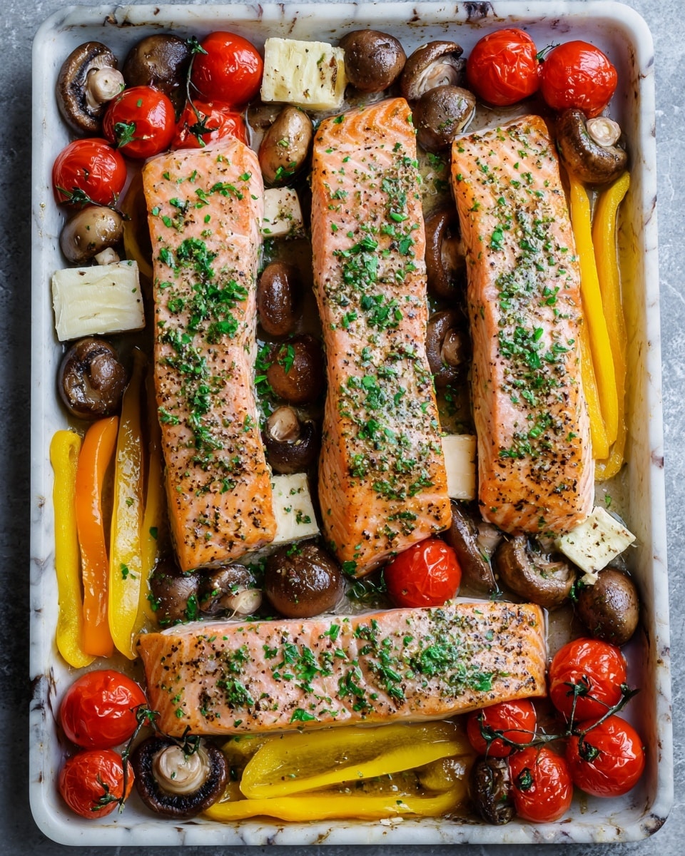 The image shows four cooked salmon fillets placed on a baking tray with a white marbled texture underneath. The salmon pieces have a light orange-pink color with spices and herbs sprinkled on top, giving a slightly rough texture. Around the salmon, there are colorful vegetables: bright red cherry tomatoes, dark brown mushroom halves, and yellow pepper strips. There are also pieces of white feta cheese topped with herbs and spices scattered among the vegetables. The overall look is vibrant with a mix of warm colors and textured surfaces. photo taken with an iphone --ar 4:5 --v 7