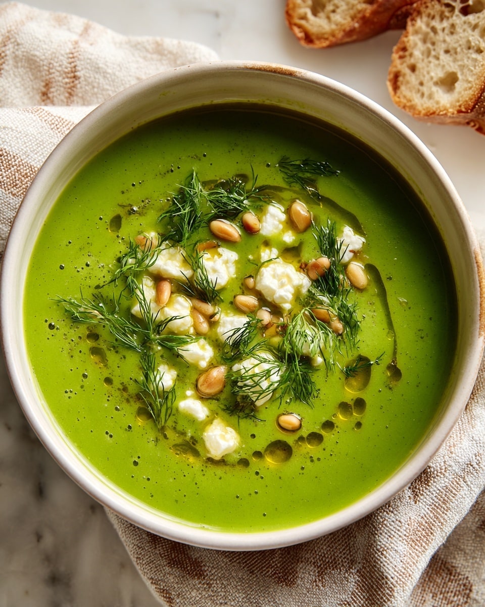 A deep white bowl holds a smooth green soup as the first layer, topped with small white cheese crumbles scattered in the center. Light brown pine nuts are spread evenly over the cheese. Fresh green dill sprigs sit on top, adding texture. A thin drizzle of golden olive oil circles over the soup. The bowl is placed on a white marbled surface with a white cloth napkin and some torn pieces of bread nearby. Photo taken with an iphone --ar 4:5 --v 7