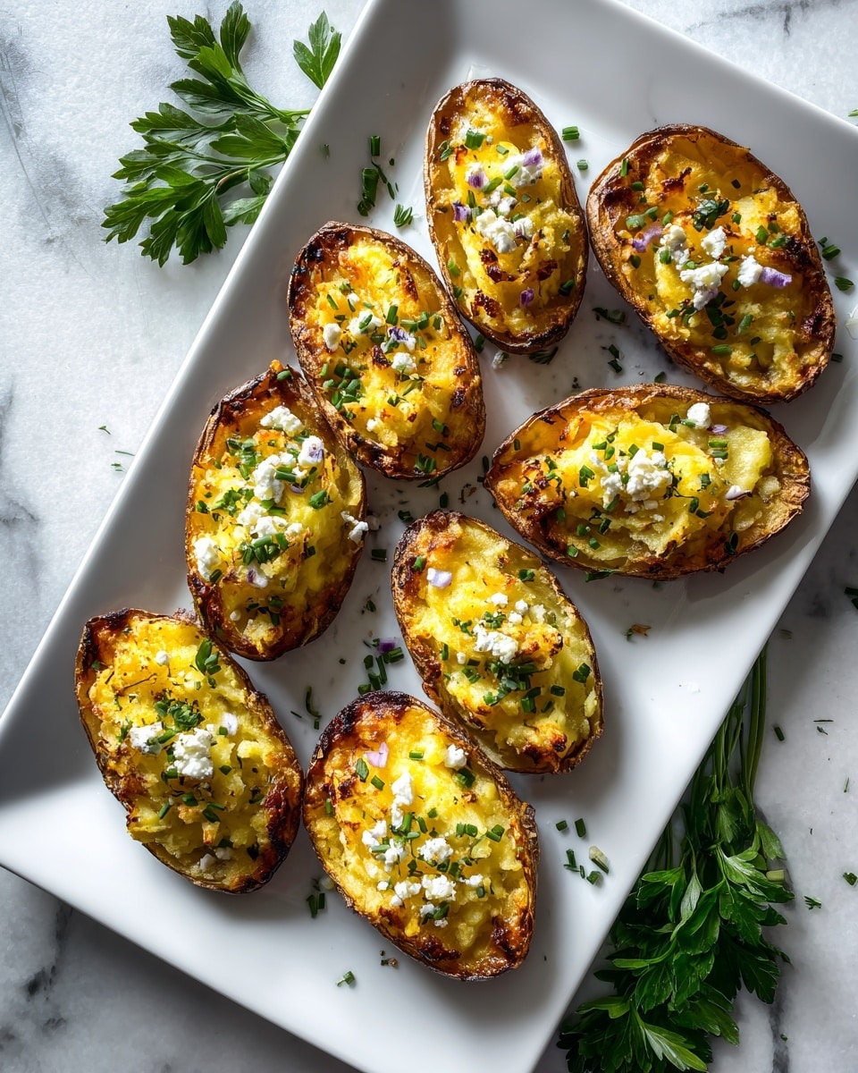 The image shows a white rectangular plate holding eight potato skins arranged in two rough rows. Each potato skin has a crisp, dark golden-brown outer shell that forms the bottom and edges. Inside each shell is a filling made of pale yellow mashed potato with a fluffy texture mixed with small white crumbles of cheese. The tops of the fillings are sprinkled with green herb pieces and a light dusting of brown seasoning. To the side of the plate is a sprig of green fresh herbs for decoration, and the whole setup rests on a white marbled surface with soft natural light. photo taken with an iphone --ar 4:5 --v 7