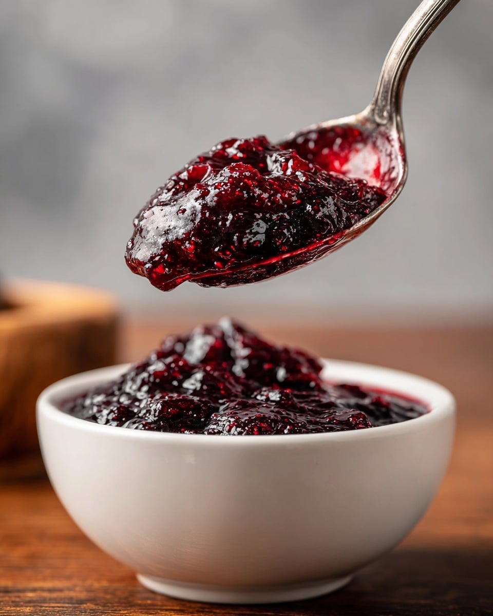 A close-up view of a spoon holding a thick, dark red berry sauce with visible whole and crushed berries, showing a chunky texture. The spoon is held above a white bowl filled with more of the same deep red sauce. The background is a white marbled surface with a soft, light grey blur behind, and part of a wooden table is seen in the bottom right. The sauce looks glossy and rich. photo taken with an iphone --ar 4:5 --v 7