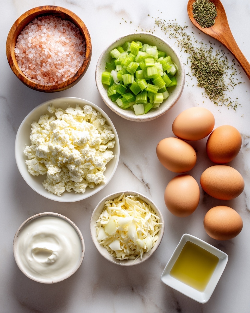 The image shows several ingredients arranged on a white marbled surface: six brown eggs lying scattered in the middle right, a small white bowl of chopped green celery pieces on the left, a small white bowl with chopped white onions below the celery, and a small white bowl with a dollop of white cream below the onions. In the center, there is a white bowl divided into two parts; one side holds white crumbled cheese, and the other side holds a light yellow shredded cheese. A round wooden bowl filled with coarse pink salt is placed at the top left. To the far right, there is a wooden spoon with green dried herbs on it. At the bottom right, a small white square bowl holds a pale yellow liquid, likely oil. The items are neatly arranged with a clear view of each ingredient. Photo taken with an iphone --ar 4:5 --v 7