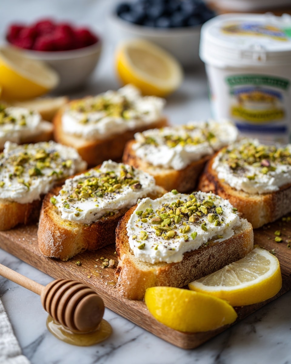 The image shows several slices of toasted golden-brown baguette arranged on a wooden board. Each slice is topped with a thick layer of white, creamy ricotta cheese, sprinkled with chopped green pistachios and a few drops of honey giving a shiny glaze. Around the board, there are a few lemon wedges and a wooden honey dipper. In the background, a white container of ricotta cheese is visible, along with blurred bowls of blueberries and raspberries. The setting is on a white marbled surface. photo taken with an iphone --ar 4:5 --v 7