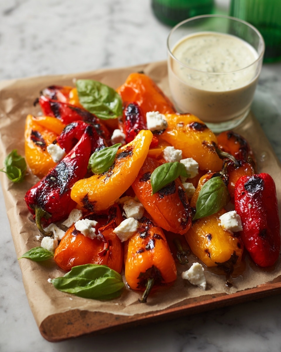 This image shows a pile of grilled mini peppers in bright red, orange, and yellow colors with black grill marks, mixed with white cubes of feta cheese scattered evenly across the top. Fresh green basil leaves are placed around the peppers and cheese, adding bright green color and texture. The dish is arranged on brown paper on a white marbled surface. To the right side, there is a clear glass filled with white creamy sauce, and in the background, two green cans with white and yellow labels are partially visible. The scene is vibrant and colorful with a fresh, grilled look. Photo taken with an iphone --ar 4:5 --v 7