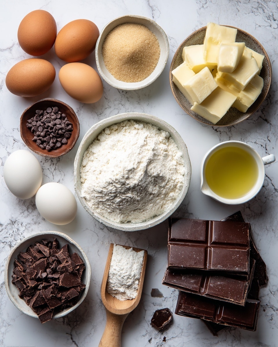 The image shows several baking ingredients arranged on a white marbled surface. In the center, a white bowl is filled with white flour. Surrounding it, there are three brown eggs on the left side and three more brown eggs next to a wooden scoop holding a white powder on the lower center area. Above the flour, a white bowl contains light brown sugar, and to the right, cubes of pale yellow butter are placed in another white bowl. A small brown dish holds dark chocolate chips on the upper right side, and next to it is a white cup with a pale yellow liquid, likely oil. At the bottom right, dark chocolate squares are stacked with some pieces broken. Near the eggs on the lower left, a small round bowl is filled with chocolate sprinkles. All items have a natural and textured appearance, and the photo was taken with an iphone --ar 4:5 --v 7
