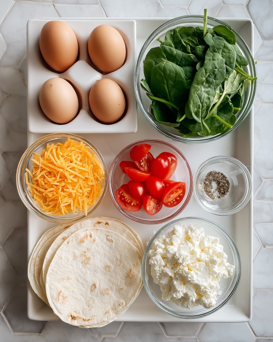 A flat lay of multiple fresh cooking ingredients arranged on a white marbled surface. There are four eggs grouped near the center alongside several garlic bulbs, a bunch of fresh dill and green onions on the right. Bowls filled with white flour, cottage cheese, and a creamy soft cheese sit on the left. A small dish holds mixed peppercorns, and another small white bowl contains cracked black pepper. Several small containers hold olive oil, salt, and a green herb paste. A cluster of red vine tomatoes is positioned near the top center, with a clear glass bottle of olive oil and a small salt bowl nearby. The colors are natural and earthy with the bright reds of the tomatoes contrasting the whites and greens of the other ingredients. Photo taken with an iphone --ar 4:5 --v 7