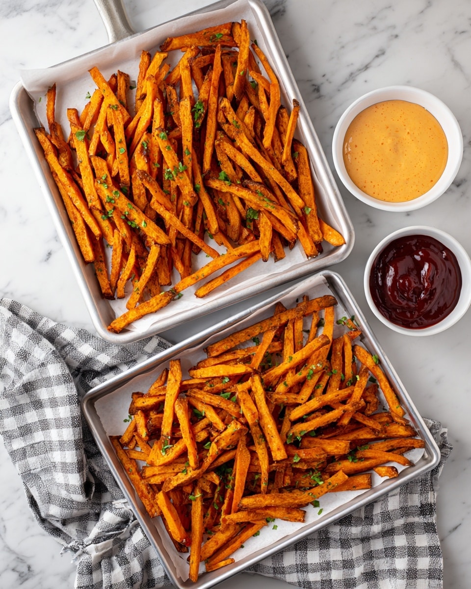 A large white oval plate sits on a white marbled surface, filled with a pile of golden-orange sweet potato fries that have a slightly charred, crispy texture with some dark brown edges. The fries are sprinkled with coarse salt and small green herb pieces. At the bottom left of the plate, there is a small white bowl filled with a creamy orange dipping sauce topped with herbs. In the top right corner, a small white bowl with red ketchup is partially visible. Photo taken with an iphone --ar 4:5 --v 7