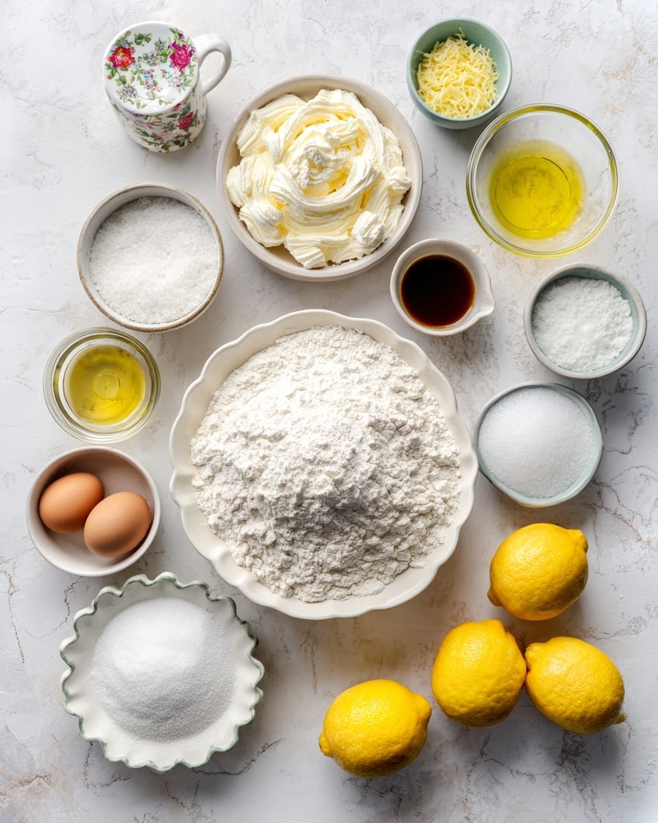 The image shows several white bowls and small containers with different baking ingredients arranged neatly on a white marbled surface. In the center, there is a large white bowl filled with white flour, with a small floral patterned cup partly buried inside it. Surrounding this bowl are smaller bowls containing white cream cheese, white powdered sugar, granulated white sugar, and a small amount of baking powder in a scalloped dish. Two brown eggs, a small bowl of vanilla extract, a small dish of salt, a glass container of light yellow olive oil, and a glass lemon juice squeezer filled with fresh lemon juice are also placed on the surface. Two whole bright yellow lemons and some lemon zest in a tiny bowl complete the arrangement. The setup is clean and bright, highlighting the fresh ingredients ready for baking. Photo taken with an iphone --ar 4:5 --v 7