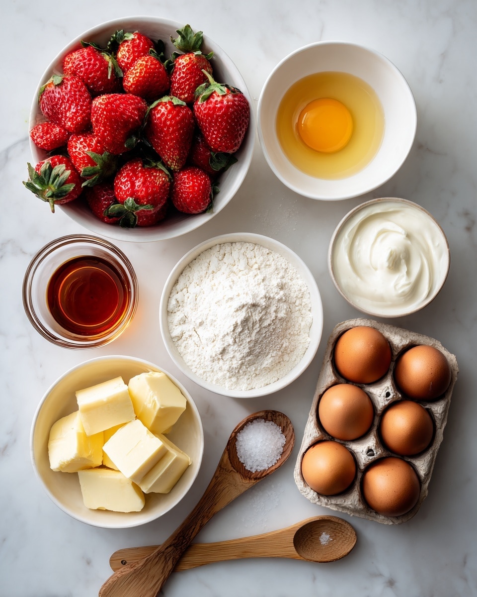 The image shows an arrangement of baking ingredients on a white marbled surface. Starting from the top left, there is a large white bowl filled with bright red strawberries with green tops. To its right, a small white cup holds a raw egg yolk sitting in egg white. Below that, a short clear glass is filled with a dark amber liquid, a wooden spoon with salt lies near it. Next, a small white bowl is filled with white flour, appearing soft and powdery. Bottom left holds a smaller white bowl with sliced butter pieces, pale yellow in color. To the right, a white cup holds fresh cream, smooth and white. Finally, a cardboard egg tray with eight brown eggs is placed on the bottom right. Next to the bowls, a wooden spoon lays flat on the white marbled surface. The photo taken with an iphone --ar 4:5 --v 7