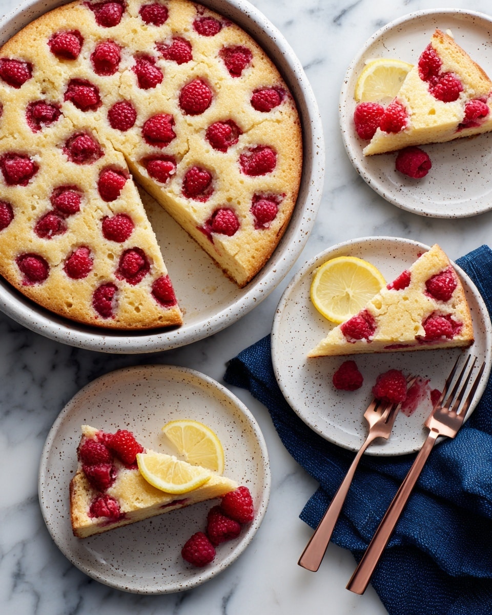A round white speckled baking dish holds a golden-brown raspberry cake dotted with whole red raspberries embedded in the surface. The cake is sliced, with one piece served on a white plate topped with a fresh red raspberry and a thin lemon slice beneath it. Another slice with a raspberry on top sits on a separate white plate. The background is a white marbled surface with a dark blue cloth nearby, along with two forks in silver and rose gold colors placed on top. Photo taken with an iphone --ar 4:5 --v 7