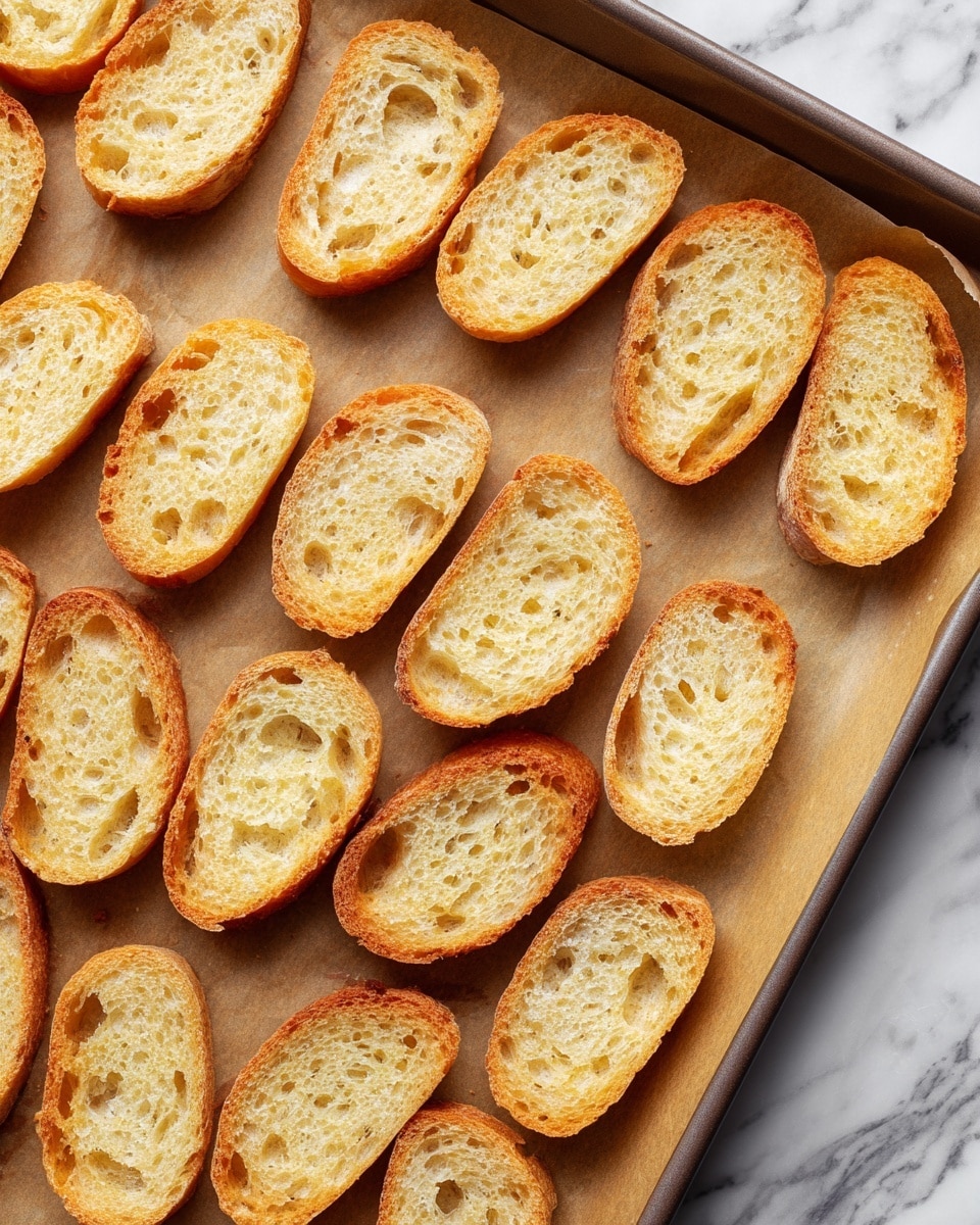 The image shows a baking tray filled with evenly spaced toasted slices of bread. Each thin slice has a golden brown color with a slightly crisp texture and airy holes visible throughout. The bread pieces are arranged in neat rows on brown parchment paper, covering the entire tray, with the lightly toasted crust edges visible. The overall look is warm and inviting, highlighting the crunchy texture of each slice. The tray is placed on a white marbled surface. Photo taken with an iphone --ar 4:5 --v 7