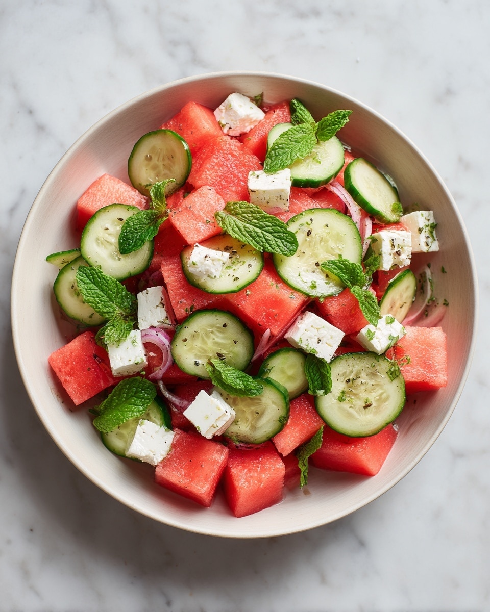 The image shows a bowl of fresh salad with three main layers. The bottom layer is bright red watermelon cubes, large and juicy. On top of the watermelon, there are thin green cucumber slices placed around evenly. Scattered over the watermelon and cucumber are white chunks of soft cheese, adding a creamy texture. Fresh green mint leaves are placed on top as the final layer, giving a pop of color and freshness. The bowl is a light beige color and sits on a white marbled textured surface. The photo taken with an iphone --ar 4:5 --v 7