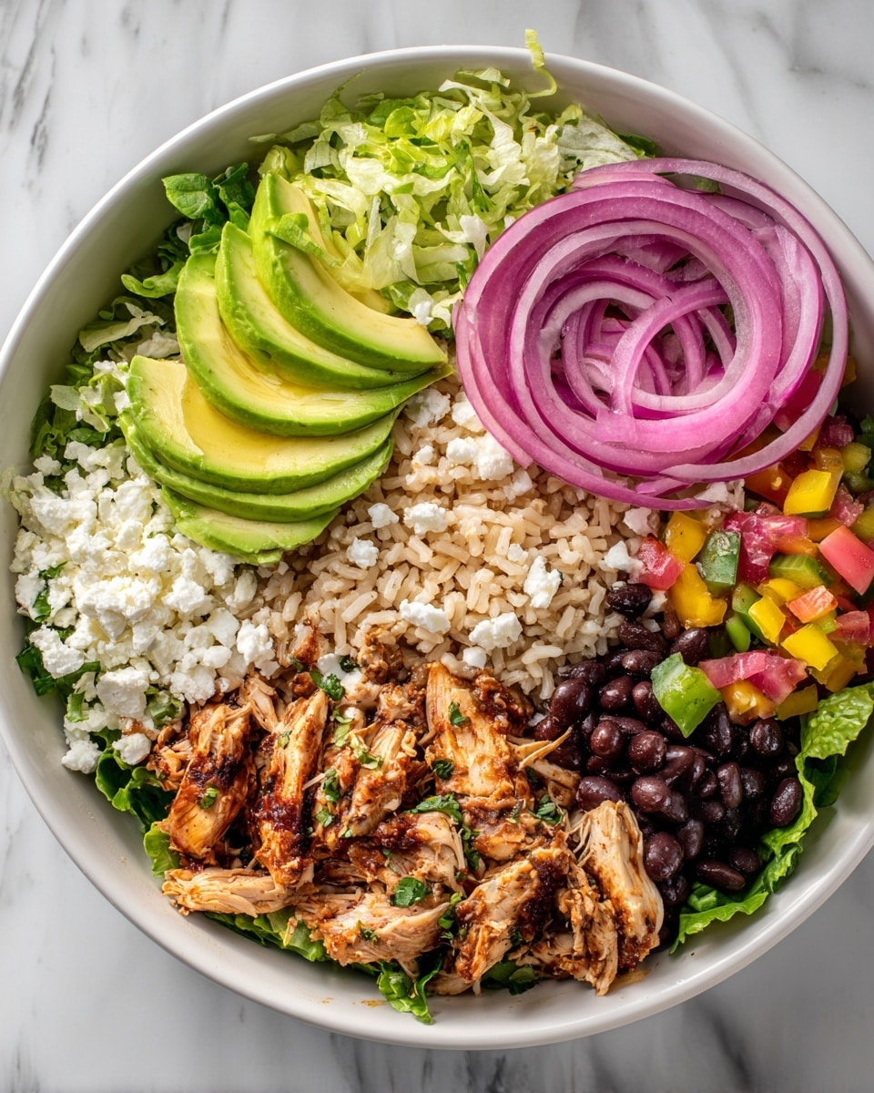 A large white bowl filled with a base layer of light tan shredded rice. On top, there are five distinct sections: in the upper left, dark reddish-brown seasoned chunks of cooked chicken; below that, bright green sliced avocado pieces; in the center, a pile of white crumbly cheese sprinkled with green herbs; to the right of the cheese, glossy purple pickled onion slices; and at the far right, a colorful mix of chopped red, yellow, and orange bell peppers, black beans, and shredded green lettuce. The dish has a drizzle of white sauce over the chicken and cheese, with a white marbled surface underneath the bowl. Photo taken with an iphone --ar 4:5 --v 7