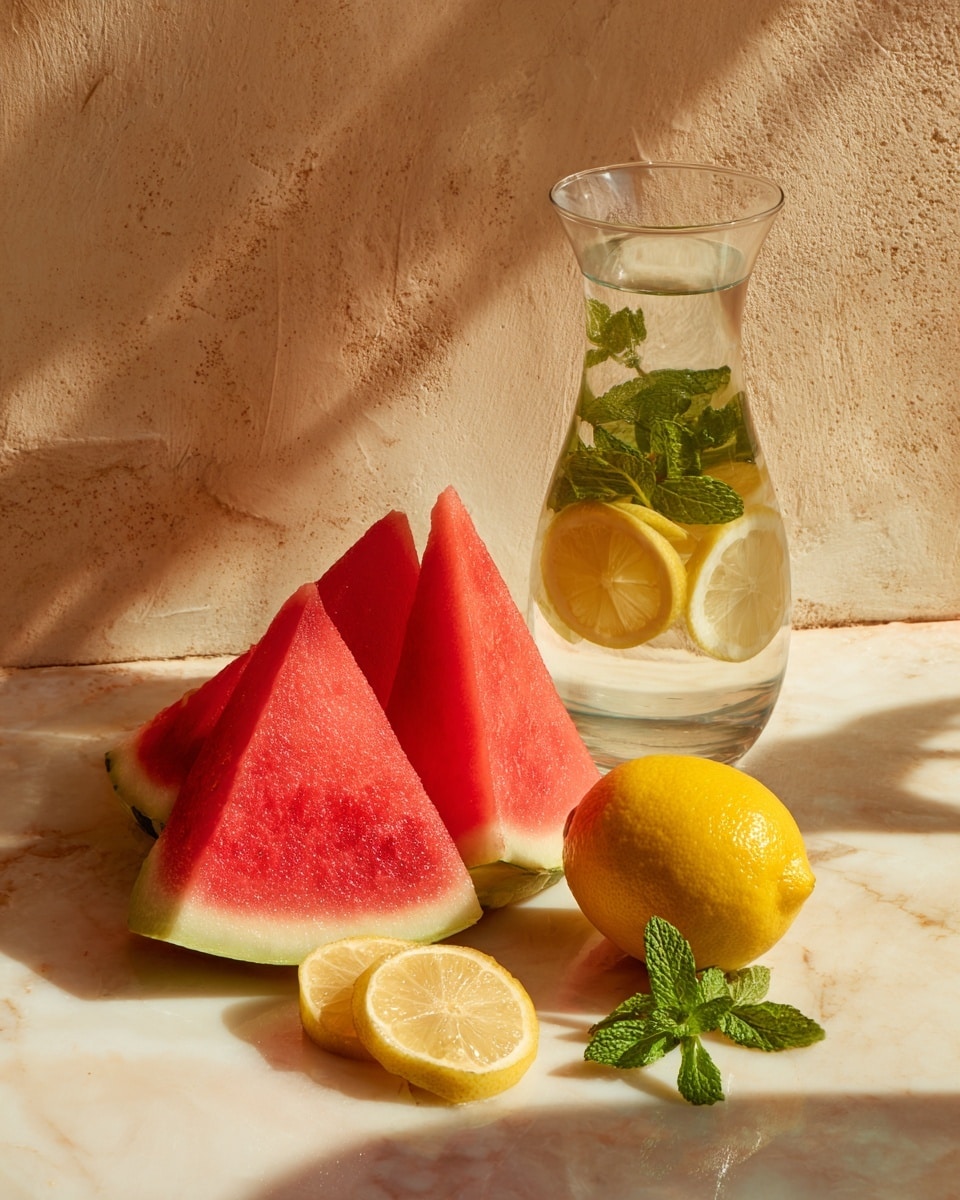The image shows three large watermelon slices arranged upright with the bright red inner flesh visible, each slice having a green rind with light white edges. In front of the watermelon is a whole lemon and a halved lemon displaying its pale yellow juicy interior, along with two thin lemon slices placed next to a small sprig of green mint leaves on a white marbled surface. Behind the fruit is a clear glass carafe filled with water, lemon slices, and mint leaves. The scene is lit by warm sunlight, casting soft shadows on the white marbled surface and a textured beige wall behind. photo taken with an iphone --ar 4:5 --v 7