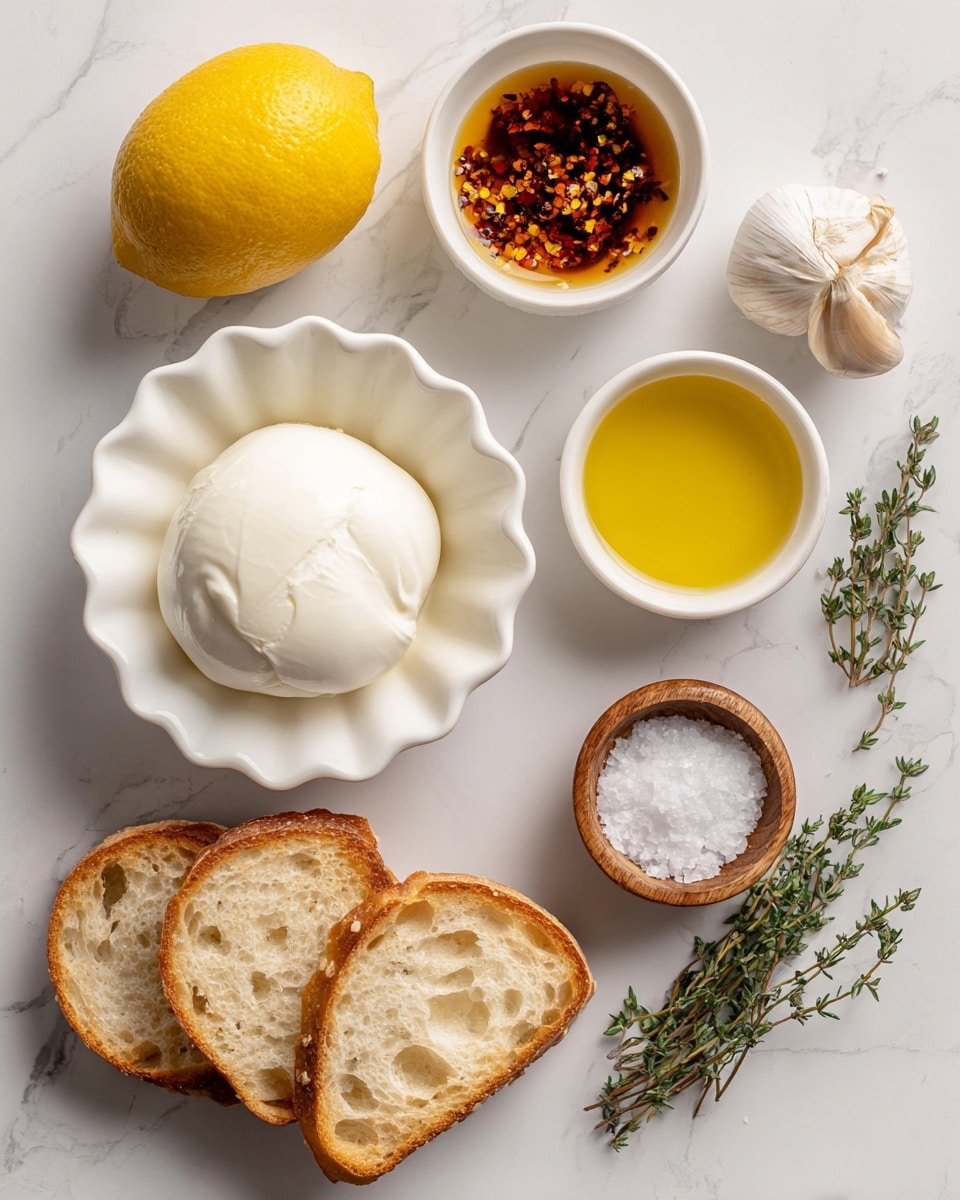 The image shows two slices of toasted bread at the bottom right with a golden brown crust and light airy texture inside. Above them is a white scalloped bowl holding a round, soft ball of burrata cheese, smooth and creamy white in color. To the right of the cheese is another white scalloped bowl filled with clear yellow olive oil. Above that is a similar bowl with dark amber hot honey, speckled with small chili flakes. At the top left is a whole yellow lemon with natural texture. Below the lemon are a few sprigs of fresh green thyme and a single garlic clove with papery skin. To the right is a small wooden bowl holding coarse white salt. Everything is laid out on a white marbled surface. photo taken with an iphone --ar 4:5 --v 7