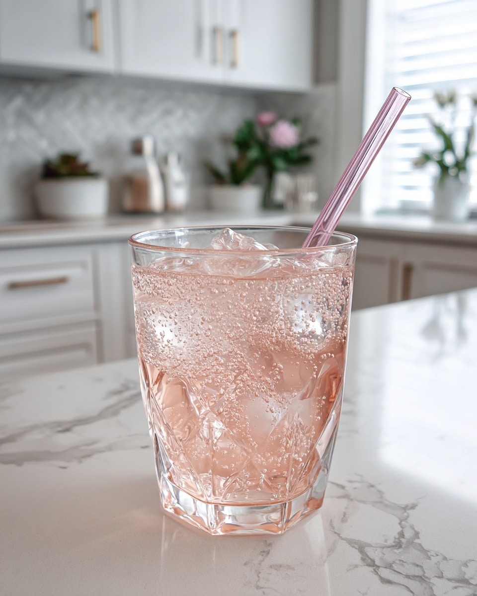 A clear glass filled with light pink fizzy drink and ice cubes, showing tiny bubbles inside the liquid, sits on a white marbled surface. A clear glass straw is placed upright inside the glass, leaning slightly to the right. The background shows a modern kitchen with white cabinets, a white marbled countertop, and a plant in a cream-colored pot near a window. Photo taken with an iphone --ar 4:5 --v 7