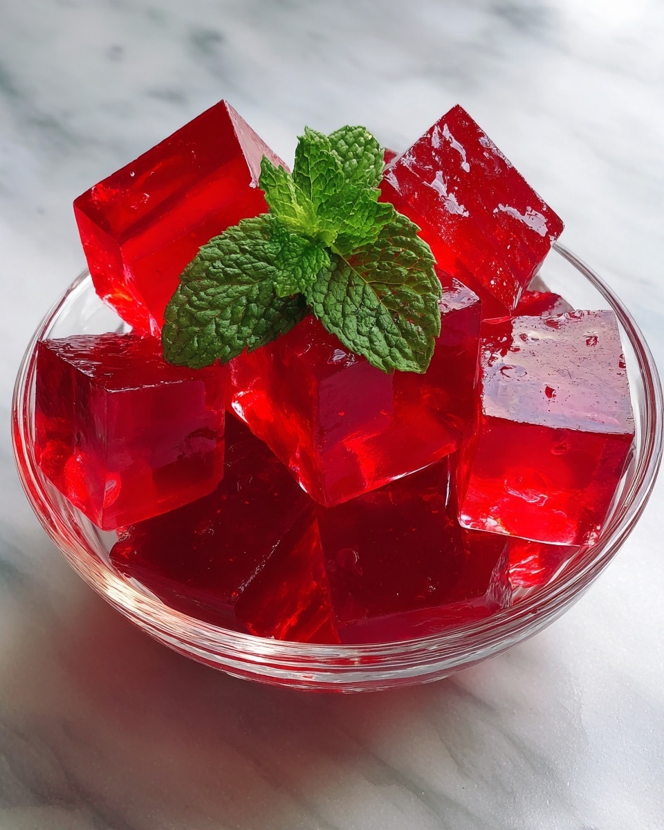 The image shows several shiny, bright red jelly cubes stacked inside a clear glass bowl. The jelly pieces are smooth and semi-transparent, reflecting light on their flat surfaces. On top of the jelly cubes, there is a small green mint sprig adding a fresh contrast in color. The bowl is placed on a white marbled surface, which highlights the vibrant red color of the jelly. photo taken with an iphone --ar 4:5 --v 7