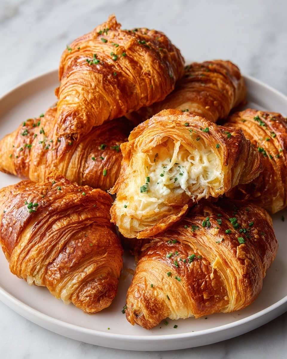 There is a white plate filled with six golden brown croissants, each showing crispy, flaky layers with a melted cheese topping that has a slightly browned texture. The croissants are sprinkled with finely chopped green herbs, adding a fresh color contrast. One croissant in the center is slightly open, revealing a creamy white filling inside. The plate sits on a white marbled surface with soft natural light highlighting the shiny, textured crust of the pastries photo taken with an iphone --ar 4:5 --v 7