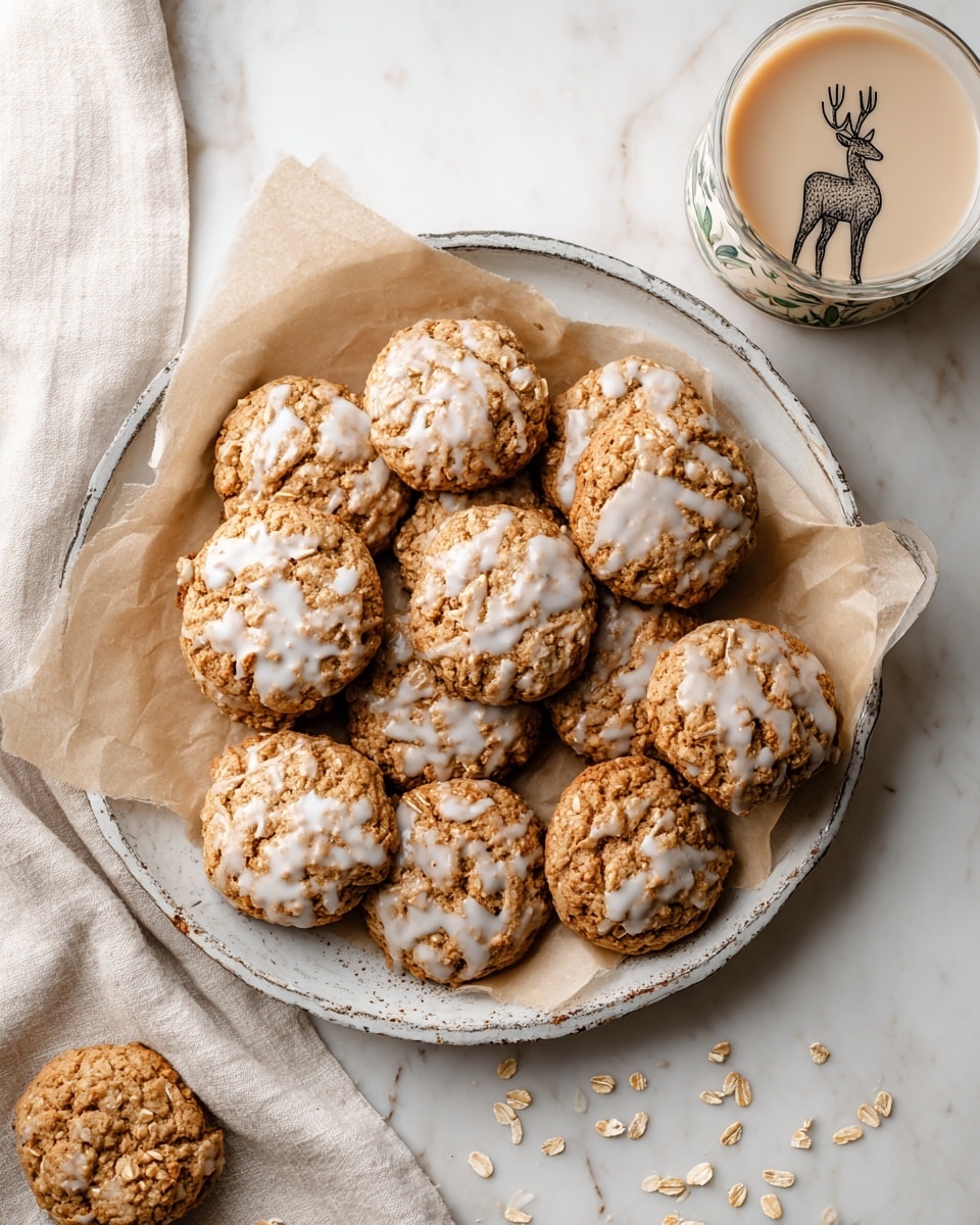 A white tray lined with light brown parchment paper holds a pile of round cookies with a cracked surface, each covered in a thin, smooth layer of white icing that flows unevenly over the light brown cookie base. The cookies look soft and slightly rough in texture, with oatmeal flakes visible. The tray is placed on a white marbled surface scattered with loose oat flakes and a piece of beige linen cloth on the left. To the right of the tray, there is a white bottle filled with a creamy liquid labeled