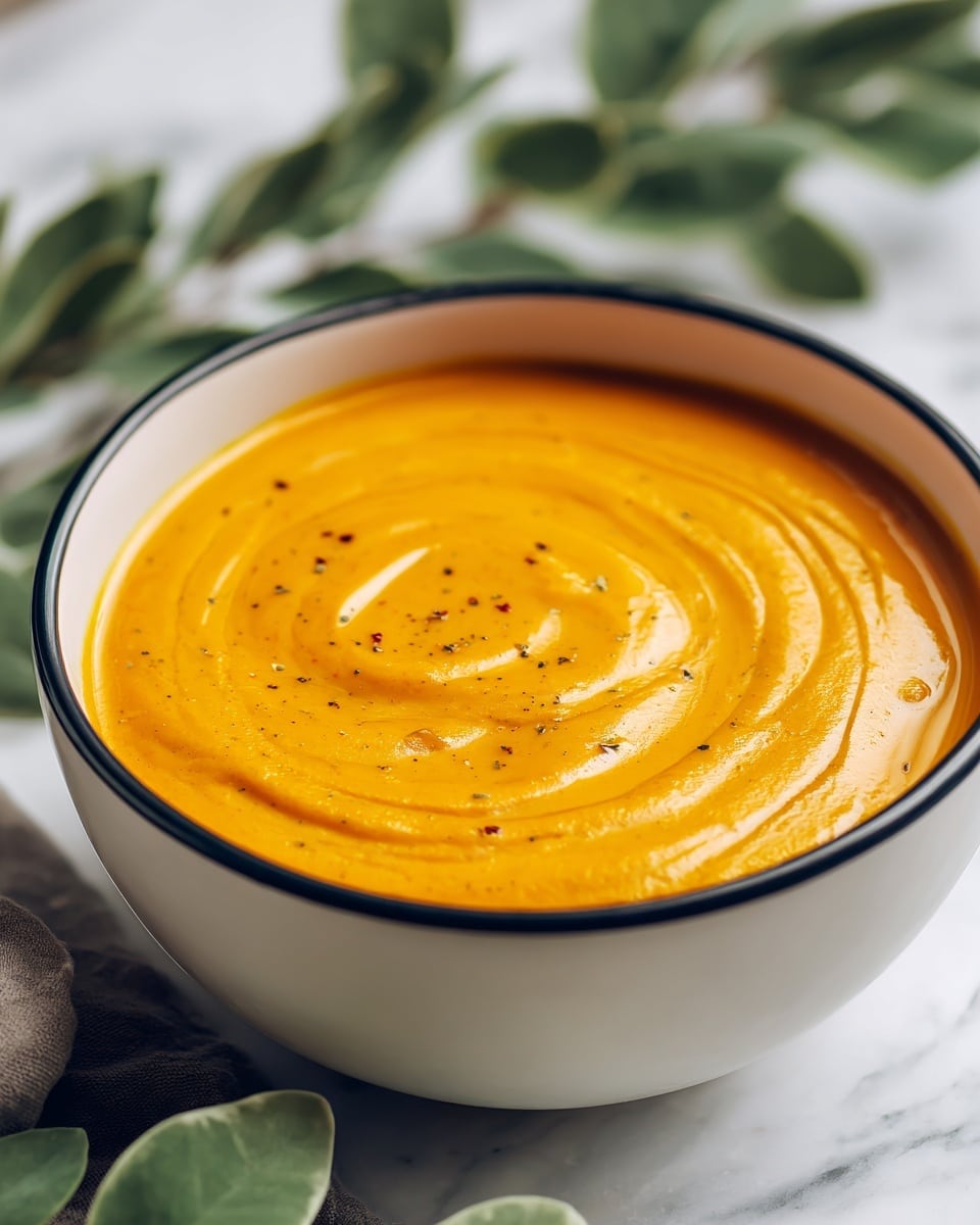 A close-up view of a smooth, bright orange soup with a creamy texture, served in a white bowl with a thin black rim. The soup has a subtle swirl pattern on top, giving it a gentle wave effect that shows slight shine from the light. The bowl is placed on a white marbled surface, with some green leaves faintly visible and out of focus in the background, adding a fresh touch. The overall look is warm, rich, and inviting, with the soup filling the bowl nearly to the top. photo taken with an iphone --ar 4:5 --v 7
