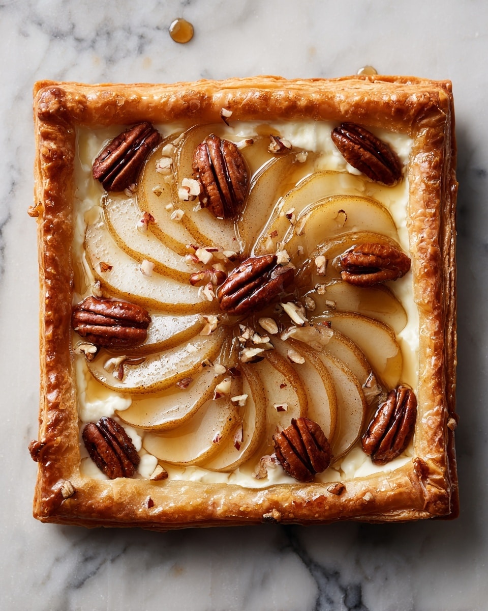 The image shows a slice of savory tart with a golden brown crust that is thick and folded at the edges. On top, there are several layers: thin pear slices with brown edges, melted cheese that appears soft and creamy, and multiple whole pecans scattered around. A dark, glossy drizzle, likely balsamic glaze, is poured over the top of the tart, pears, and pecans. The tart is set on a white marbled surface. The focus is on one piece in front, with more pieces blurred in the background. The light is natural and soft, giving the tart a fresh look. Photo taken with an iphone --ar 4:5 --v 7