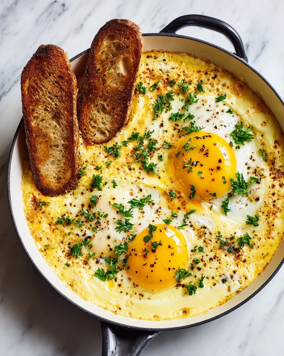 A white round dish filled with five baked eggs, each having bright yellow yolks and slightly browned whites around the edges. The eggs are sprinkled with black pepper and finely chopped green herbs, mainly in the center. The dish rests on a white marbled surface with three whole brown eggs blurred in the background on the left and slices of pale yellow cheese on a wooden board blurred on the right. The photo taken with an iphone --ar 4:5 --v 7