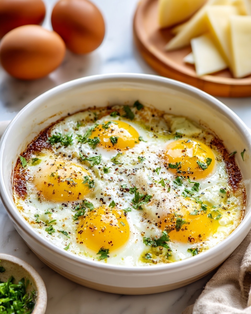 The image shows a round white skillet filled with two cooked eggs that have bright yellow yolks and smooth white edges. The egg whites are creamy and slightly browned around the edges, forming a textured base layer. On top, there are green chopped herbs scattered evenly, adding a touch of fresh color. Two pieces of toasted bread with a golden-brown crust rest on one side of the skillet. The skillet handle extends to the right, and the whole scene sits on a white marbled surface. photo taken with an iphone --ar 4:5 --v 7
