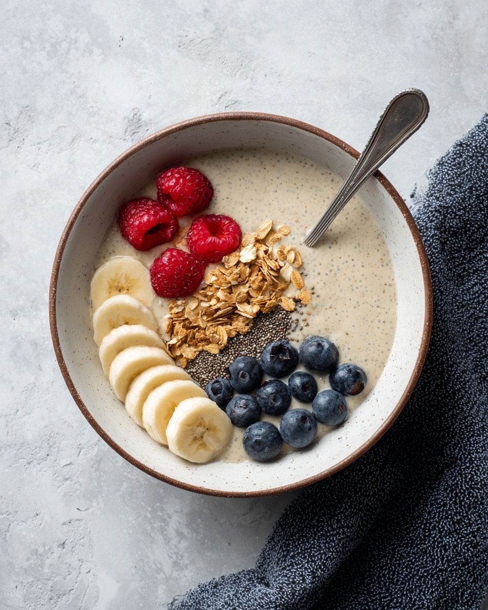 A white bowl filled with a creamy beige chia pudding base, topped with three fresh red raspberries arranged on the left side near the top, a small pile of golden brown granola in the center, a cluster of deep blue blueberries just below the granola, and three light yellow banana slices placed on the right and bottom edges. A silver spoon is placed inside the bowl on the right side, and the bowl is set on a white marbled surface with a dark blue textured cloth partially visible on the left side. Photo taken with an iphone --ar 4:5 --v 7