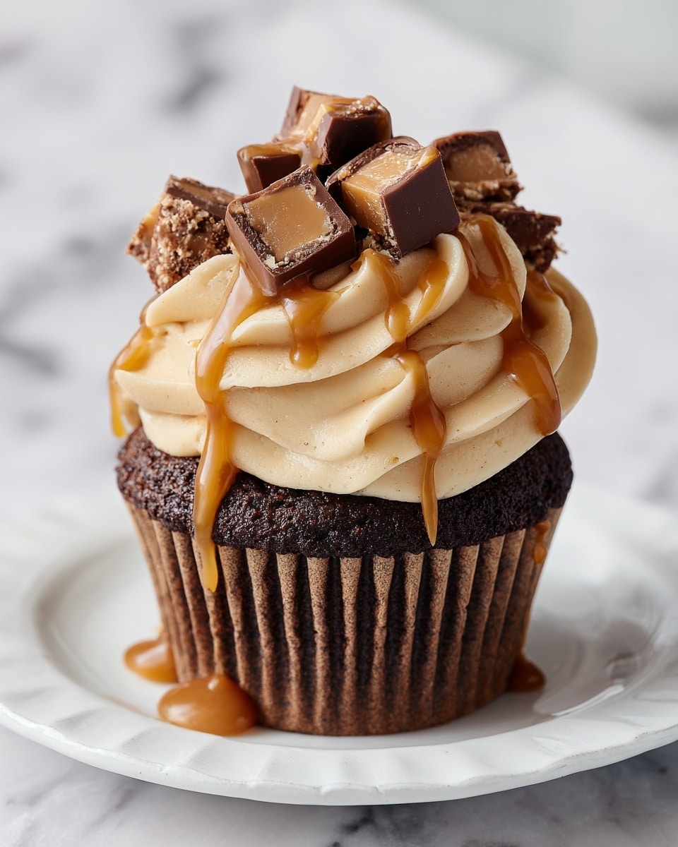 A dark chocolate cupcake with three main layers is shown on a white plate with a simple brown rim, set on a white marbled surface. The bottom layer is the rich and moist dark chocolate cake. Above this is a layer of caramel that appears thick and sticky, oozing slightly from the cake. The top layer is a thick swirl of light caramel or peanut butter frosting with a creamy texture. On top of the frosting, there are pieces of chopped chocolate candy bars, some with visible nuts, and a light drizzle of caramel sauce adds shine and detail. In the background, other cupcakes with similar decoration sit blurred, and a woman's hand is partly visible on the left holding one. Photo taken with an iphone --ar 4:5 --v 7