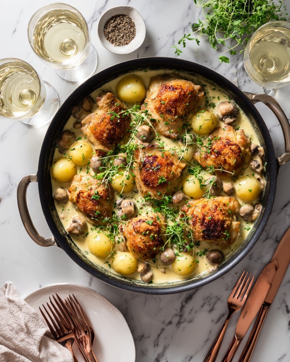 A black pan filled with seven golden brown chicken thighs with crispy skin, nestled in a creamy white sauce with visible green herbs. Scattered around the chicken are whole small yellow potatoes and sliced mushrooms, all lightly coated in the sauce. The pan sits on a white marbled surface. Nearby, there is a white plate holding three copper-colored forks and knives. Two clear glasses containing a pale yellow drink are also on the marbled surface, along with a small glass bowl filled with crushed peppercorns. Photo taken with an iphone --ar 4:5 --v 7