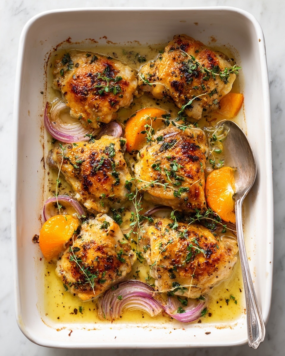 A white rectangular baking dish filled with six golden-brown roasted chicken pieces, each piece topped lightly with fresh green thyme sprigs and cracked black pepper. Slices of bright orange citrus are placed evenly across the dish, some lying flat and some nestled between the chicken pieces. Purple-red onion wedges add a bold contrast, scattered throughout the dish. The chicken is glazed with a shiny, slightly oily sauce that pools at the bottom, showing hints of herbs and seasoning. The baking dish rests on a white marbled surface, with a silver serving spoon breaking the composition on the top left side. photo taken with an iphone --ar 4:5 --v 7