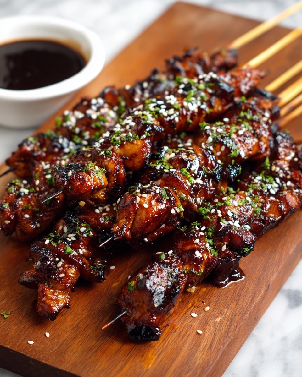 There are six skewers filled with grilled pieces of shiny, dark brown glazed chicken with some charred parts, each piece sprinkled with sesame seeds and small green herb bits. The skewers lie close together on a wooden board. At the top is a small white bowl with dark sauce inside, and in the background is a red and white checkered cloth. The light gives the chicken a glossy look and shows the texture of the meat and sauce. photo taken with an iphone --ar 4:5 --v 7