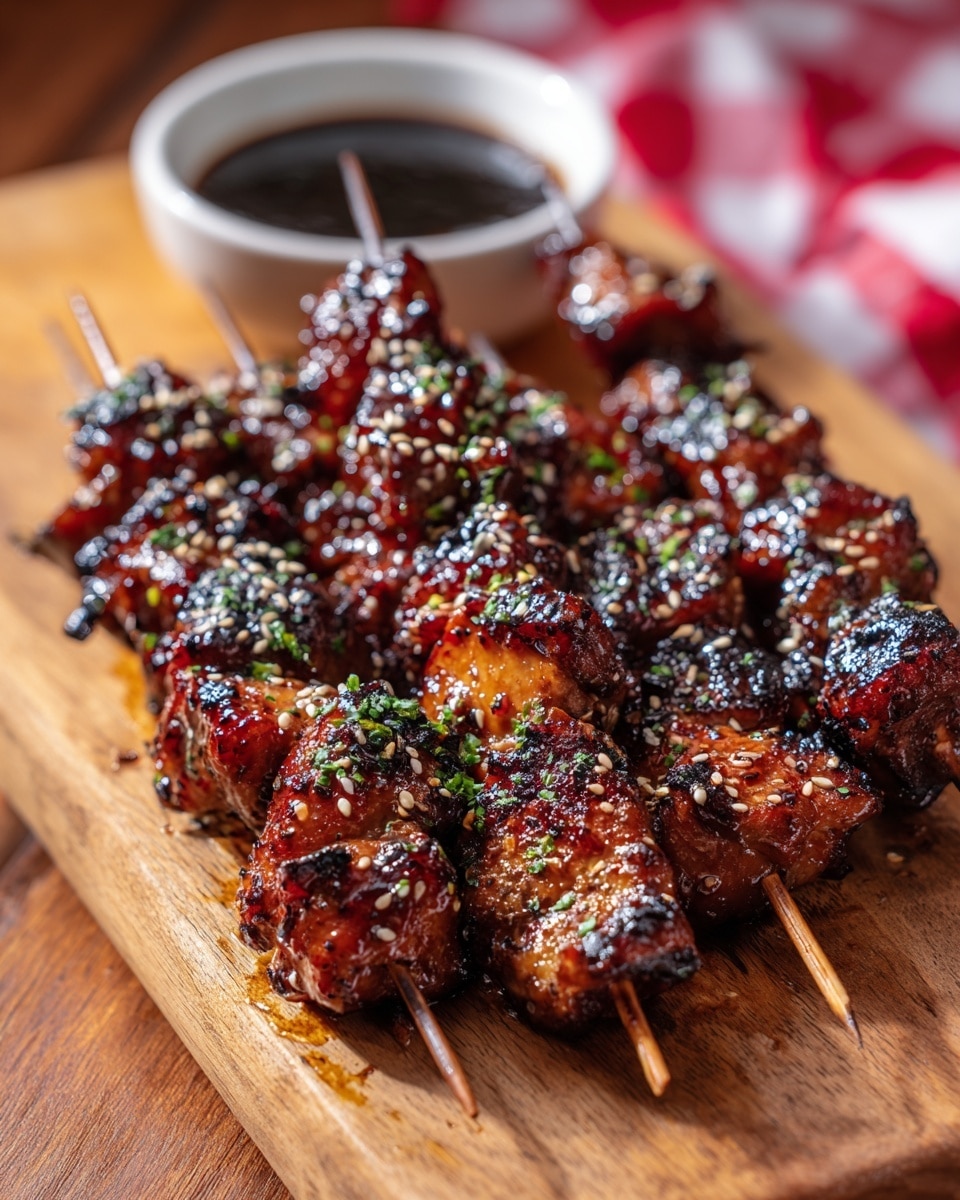 Several wooden skewers hold grilled chicken pieces that are shiny with a dark, sticky glaze. The chicken pieces are golden-brown with some charred edges. They are sprinkled with white sesame seeds and small green herb bits. The skewers lie close together on a wooden board. In the background, there is a small white bowl filled with dark dipping sauce. The setting includes a checkered red and white cloth and the surface under the board is a white marbled texture. photo taken with an iphone --ar 4:5 --v 7