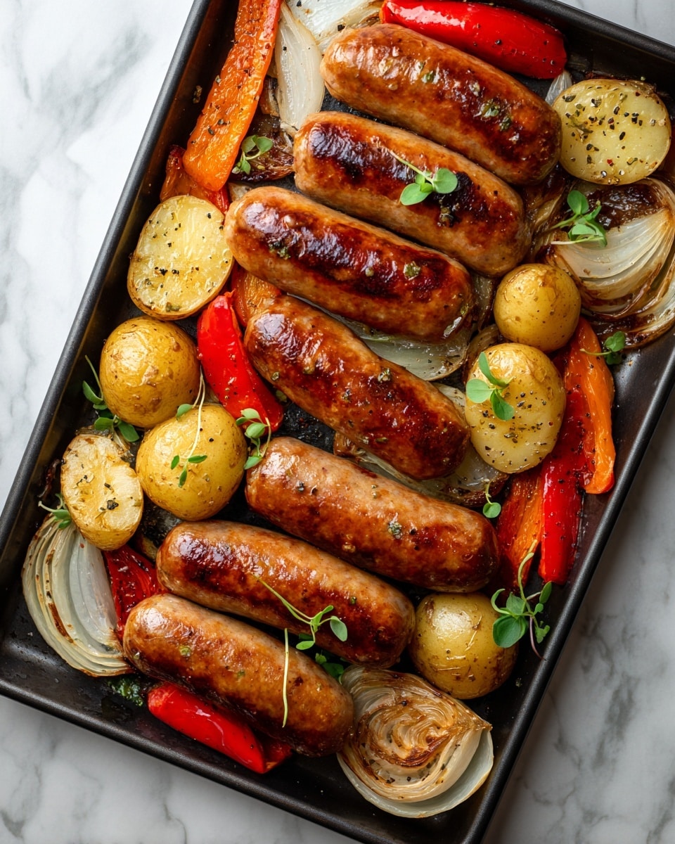 The image shows a tray filled with nine browned sausages that have a shiny, slightly crispy outer layer with dark grill marks. The sausages lie on top of a mix of roasted vegetables, including whole small golden potatoes, round slices of potatoes with a light tan skin and white inside speckled with black pepper, and wide slices of red and orange bell peppers. Some green herb sprigs are scattered throughout. The tray has a dark rim and the food looks juicy and well-cooked with a mix of rich brown, golden, red, orange, and green colors. The background has a white marbled texture. Photo taken with an iphone --ar 4:5 --v 7