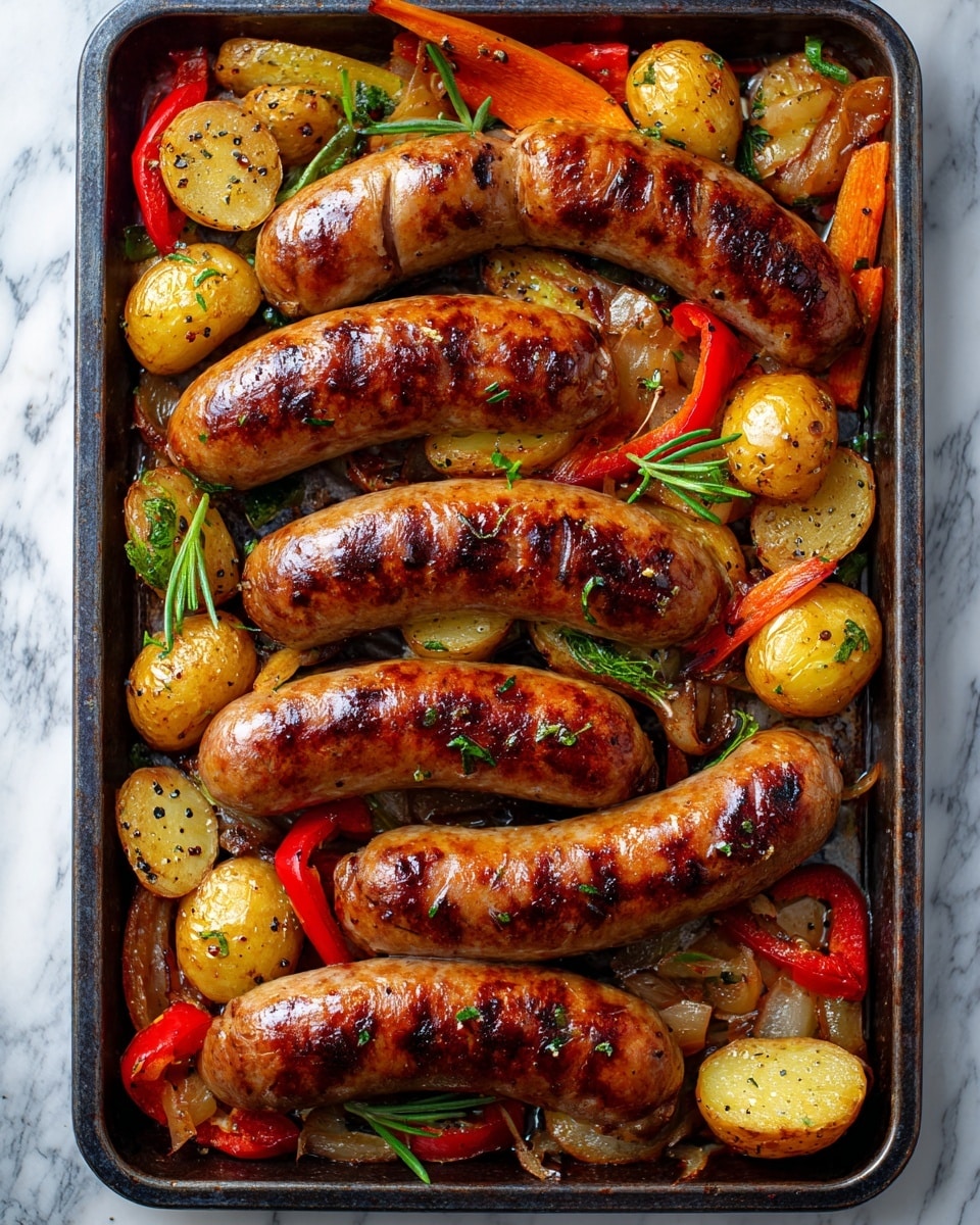 A baking tray filled with nine browned sausages scattered around several golden-brown small round potatoes, some cut in half showing soft white inside with specks of black pepper. There are also roasted red and orange bell pepper slices and cooked onion pieces underneath, all glistening with oil and juices. Small fresh green herb sprigs are placed on top, adding a fresh touch. The overall look is warm and hearty with char marks on the sausages and vegetables, and the tray rests on a white marbled surface. photo taken with an iphone --ar 4:5 --v 7