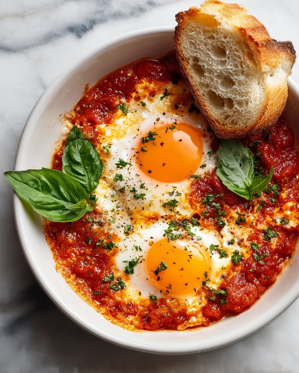 A white pan with a wooden handle holds a dish with six cooked eggs spread evenly. Each egg has bright yellow yolks surrounded by soft white whites, sitting atop a thick, rich red tomato sauce base that fills the pan. The dish is sprinkled with finely chopped green herbs and small grated cheese pieces, with a few fresh green basil leaves on top. Surrounding the pan are small white bowls holding fresh basil leaves, grated cheese with a small silver scoop, peeled garlic cloves, and red sauce, all placed on a white marbled surface. Near the pan are two gold forks. photo taken with an iphone --ar 4:5 --v 7