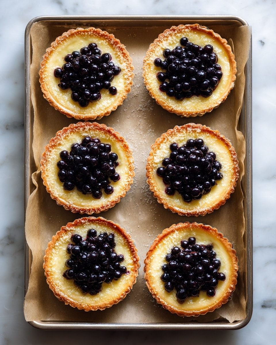 The image shows six round pastries on a baking tray lined with parchment paper. Each pastry has a golden brown crust with a crumbly light brown topping around the edges. In the center of each pastry, there is a mound of small, dark purple berries that look fresh and glossy. The pastries are arranged in two rows of three, and the tray rests on a surface with a white marbled texture. Photo taken with an iphone --ar 4:5 --v 7