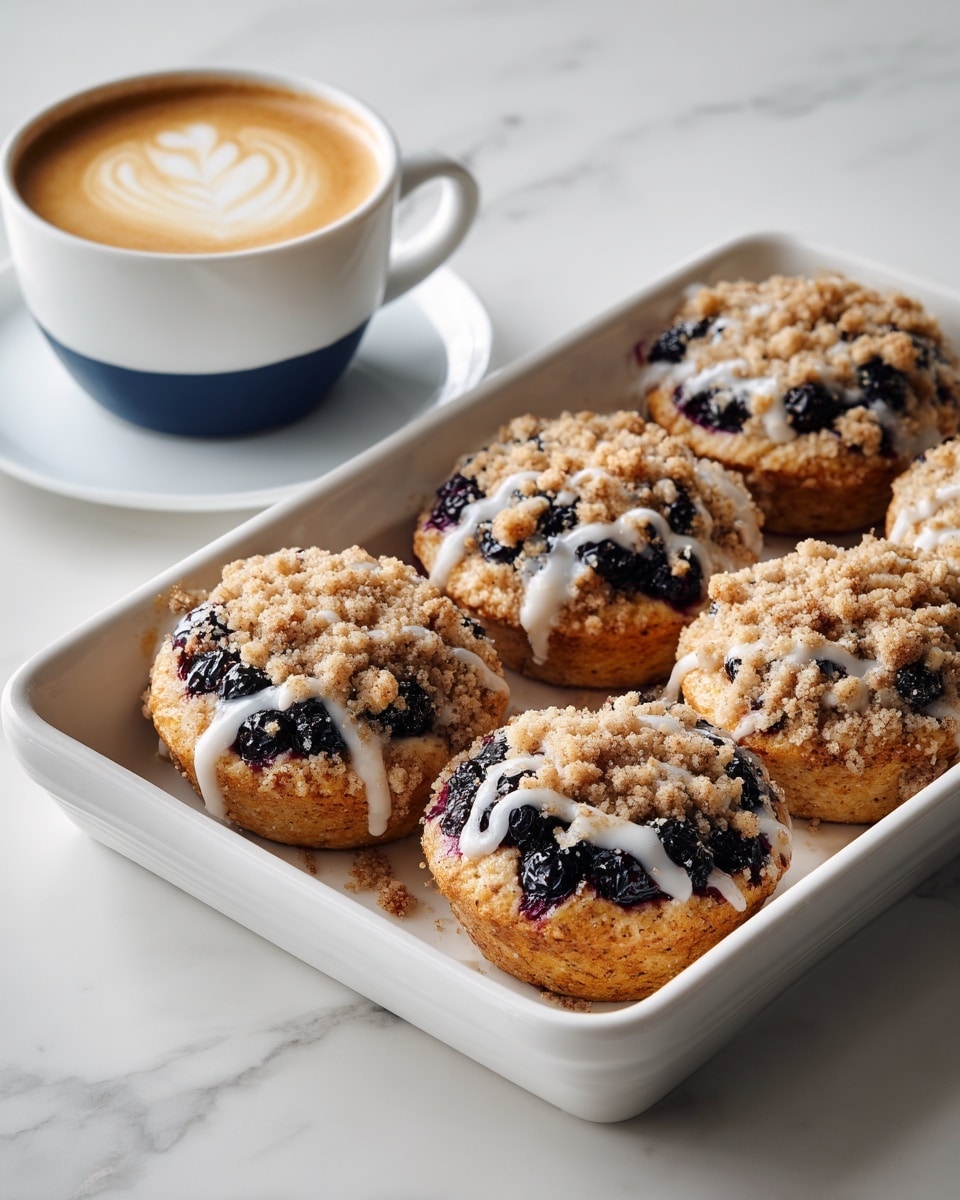The image shows seven round pastries arranged closely inside a white baking tray with a light yellow speckled pattern, lined with parchment paper. Each pastry has three distinct layers: a golden-brown crust base, a middle layer filled with a dense cluster of dark blue, almost black berries, and a crumbly topping with a light tan color that covers the edges and parts of the center. White glaze is drizzled over all the pastries in thin, uneven lines, adding a glossy texture. The tray sits on a white marbled surface, and on the bottom right corner, part of a blue and white cup with frothy coffee is visible. Photo taken with an iphone --ar 4:5 --v 7