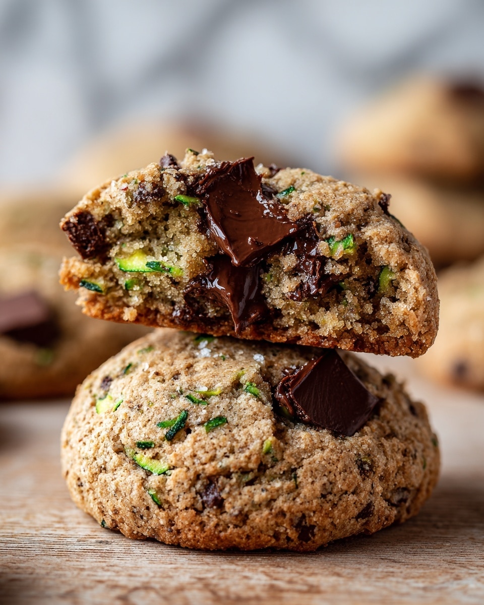 Close-up of a stack of cookies showing a rough, chunky texture with visible oats mixed in light brown dough. Dark brown chocolate chips are scattered on top and inside each cookie, surrounded by small green flecks which look like zucchini pieces. The cookies have a slightly crispy outer edge with a soft middle. They are placed on a surface with white marbled texture. photo taken with an iphone --ar 4:5 --v 7