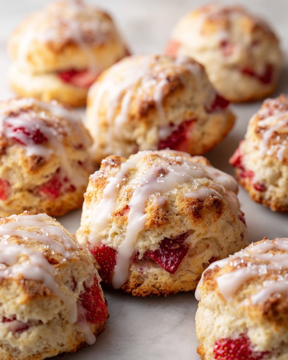 The image shows a close-up of several soft, round scones with a light golden brown texture and white icing drizzled on top. Some pieces of ripe red strawberries are mixed into the scones, visible both on the surface and inside where one scone is bitten, revealing a fluffy and moist interior. There is also a fresh whole strawberry next to the scones, all placed on a white marbled surface. The focus is sharp on the front scone, with the background softly blurred. photo taken with an iphone --ar 4:5 --v 7
