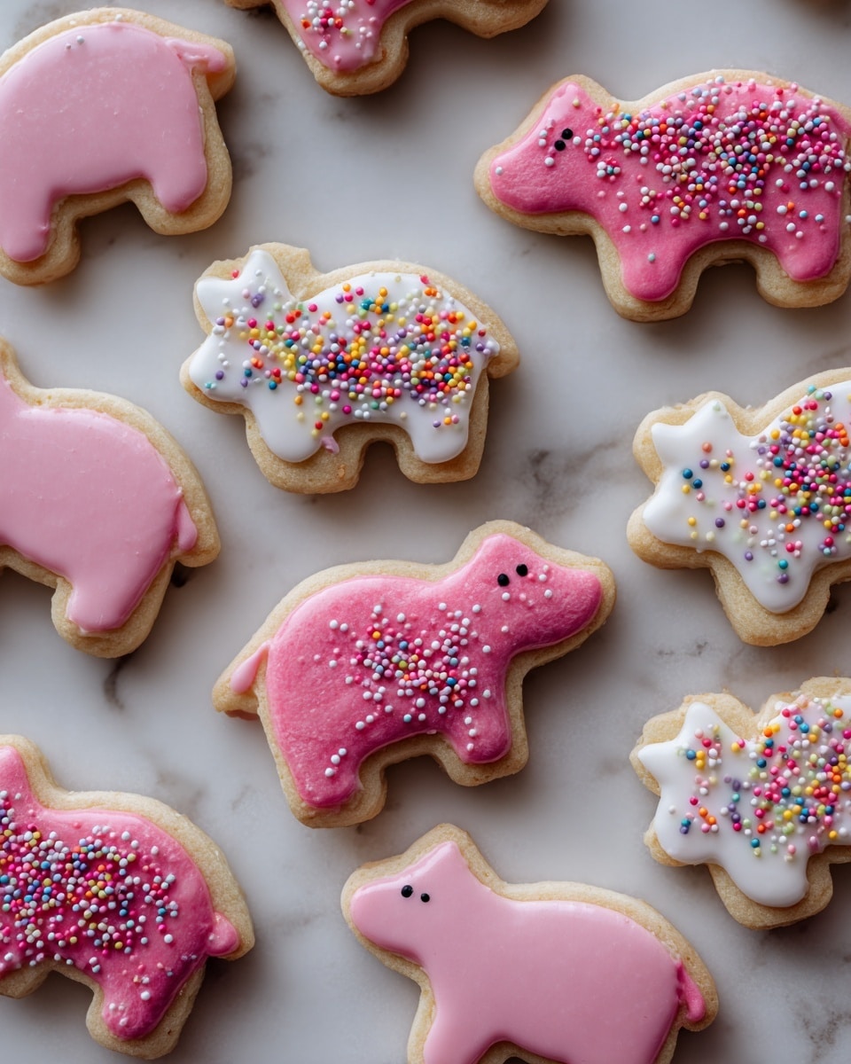 The image shows several shaped cookies topped with two layers: a smooth layer of white or pink icing covering each cookie fully and a second layer of small, round, colorful sprinkles unevenly spread on top. The cookies are shaped like animals, with rough light brown edges visible beneath the icing. They lie directly on a white marbled surface, scattered close to each other. Photo taken with an iphone --ar 4:5 --v 7